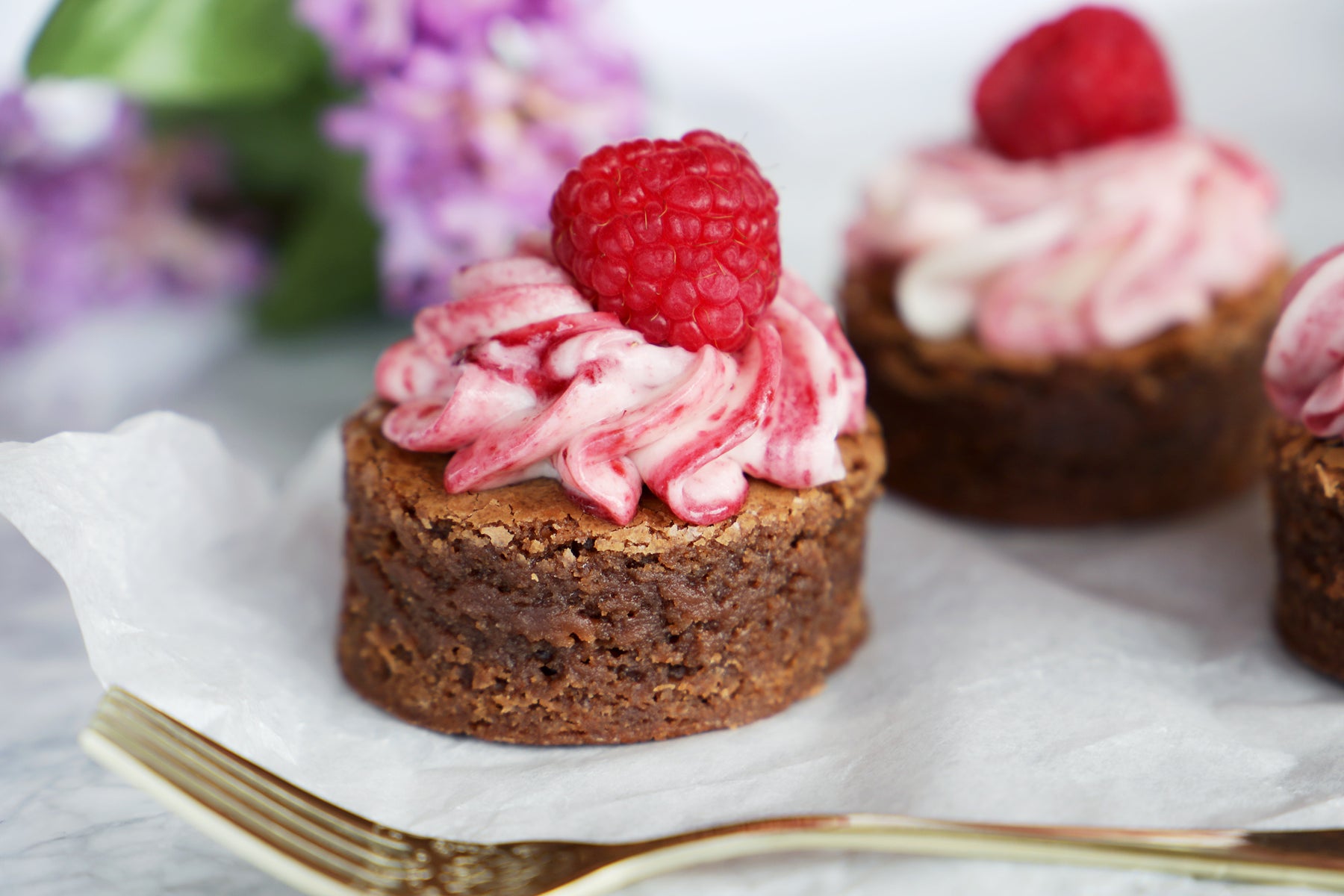 Preserve Company Brownie Bites with Raspberry Swirled Cream Cheese Frosting