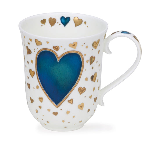 Dunoon Mug, Braemar, Romeo Blue and gold hearts on white background